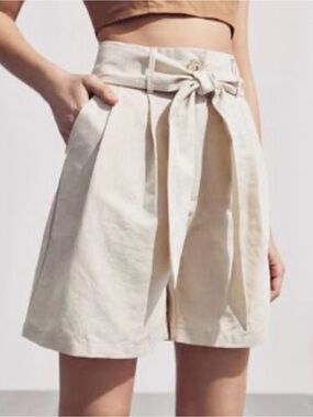 Alex Mill Cream High-Waist Tie-Belt Bermuda Shorts 100% Linen